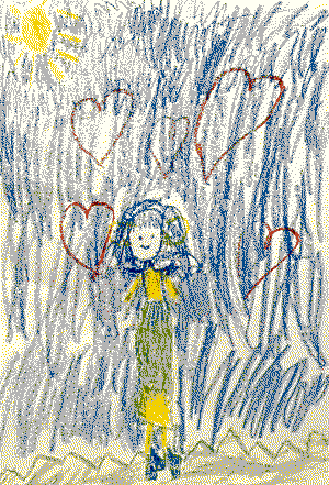 A drawing in crayon of a woman wearing a long dress and smiling. She is surrounded by floating hearts. The sun is high in the sky.