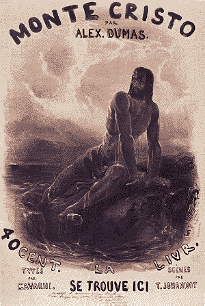 Illustrated cover for The Count of Monte Cristo, depicting Edmond Dantes resting on a rock in the sea. He is scantily clad, soaking wet and incredibly ripped. The anatomy is kind of wonky.
