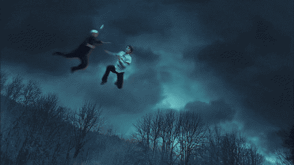 Scene from Twilight showing Edward and Emmett about to collide mid-air while playing baseball in a thunderstorm