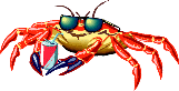 Crab wearing sunglasses and drinking from a can with a straw