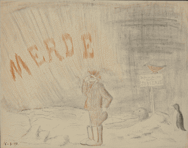 One of Emil Racoviță's cartoons. Henryk Arctowski pensively observes an aurora with the word "MERDE" in it, while several animals observe him