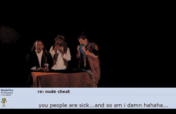 Three people in costumes are sitting at a table and laughing. Below, a forums post from user Bladefire says, "you people are sick...and so am i damn hahaha..."