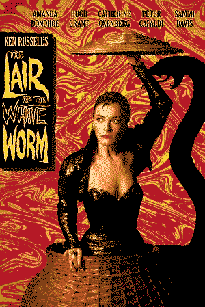 Poster for The Lair of the White Worm, showing Amanda Donohue emerging from a large basket with the silhouette of a cobra in the background.