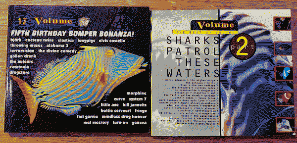 The covers of Volume Seventeen and Sharks Patrol These Waters, showing the trademark tropical fish photos and a list of artists included