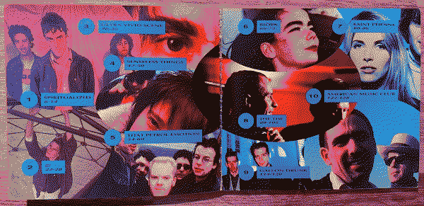 A colourful table of contents spread, showing photos of the artists